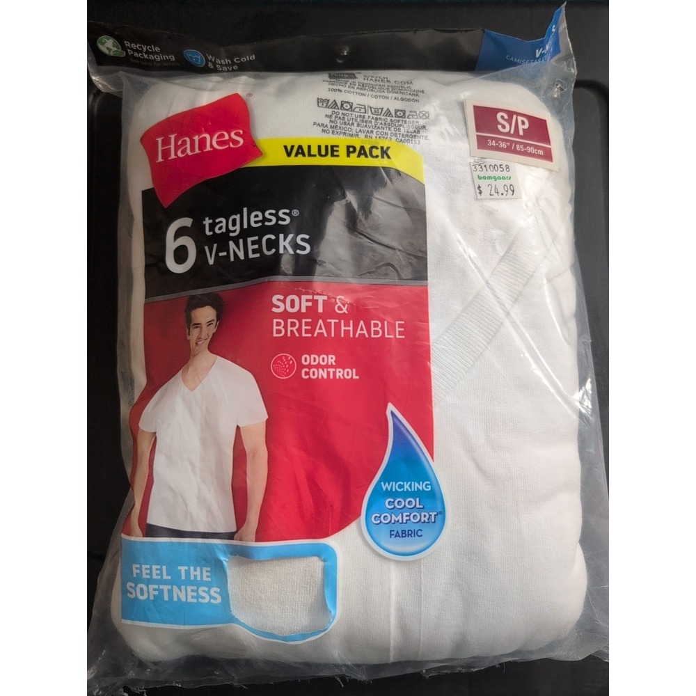 NWT Hanes Men's Moisture-Wicking Cotton V-Neck Undershirt 6 PackSize Small 34-36
